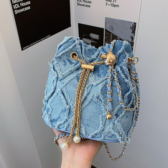 Small Denim Bucket Bag, Jean Purses for Women Denim Crossbody Bags Hobo Bag Draw - Picture 6 of 7